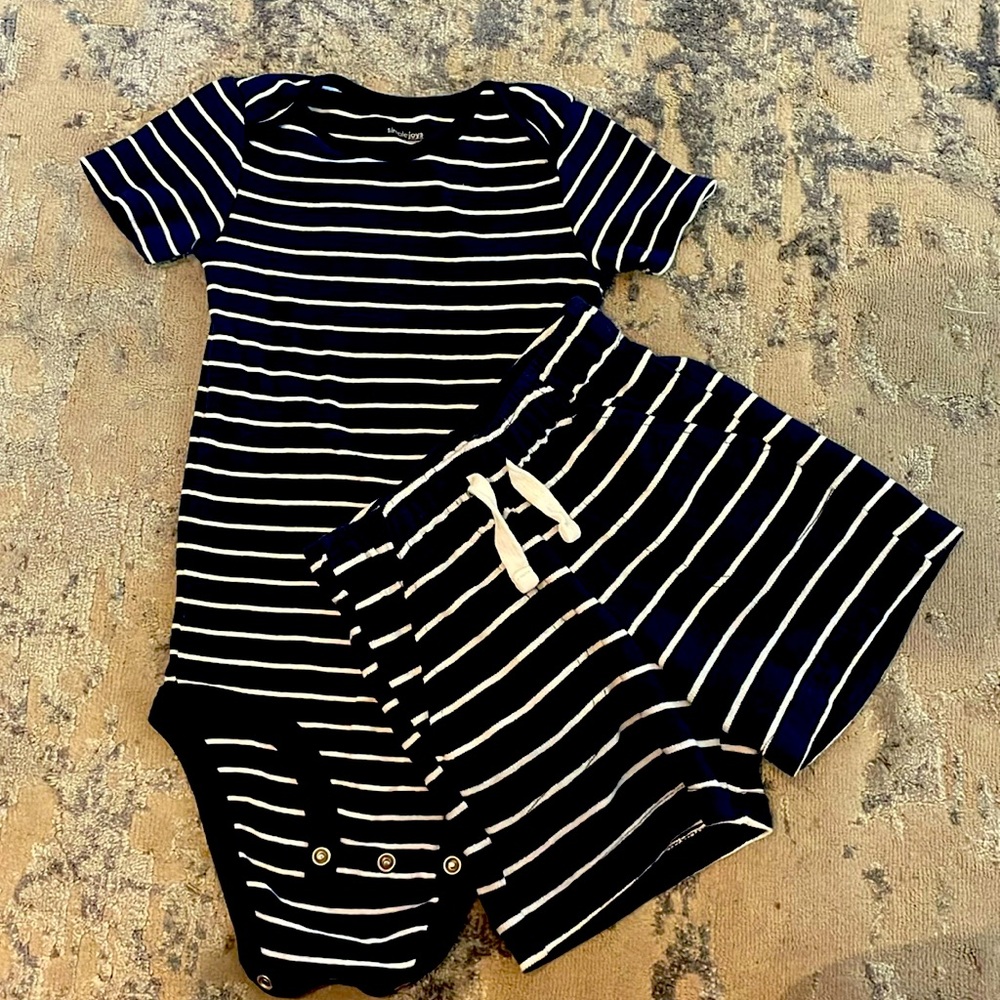 Simple Joys onesie and shorts set navy with blue stripes nautical. 24 months
